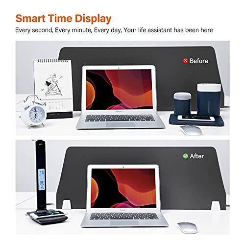 Before and after desk setup with smart time display, showing improved organization.