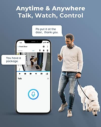 Man walking dog using smartphone security app with live video and chat