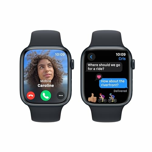 Two smartwatches displaying a video call and a text conversation.