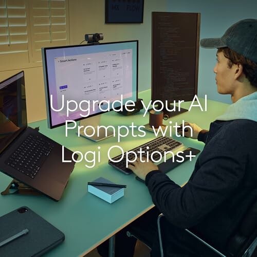 Person using computer with text 'Upgrade your AI Prompts with Logi Options+' on screen.