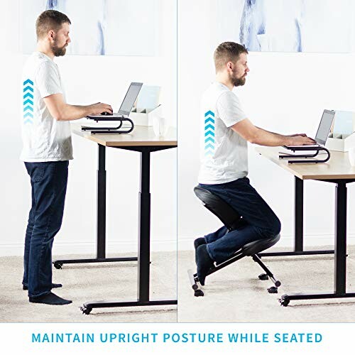 Man demonstrating upright posture while standing and seated at a desk.