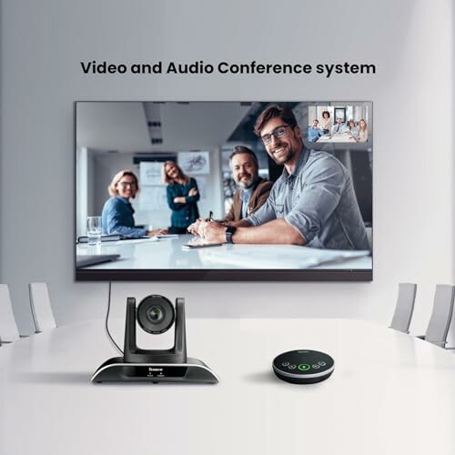 Video and audio conference system with a screen showing a virtual meeting and a camera setup on a table.