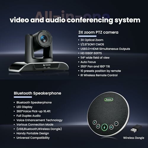 Video and audio conferencing system with PTZ camera and Bluetooth speakerphone features.