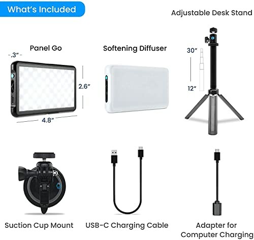 Image showing components of a video conferencing kit, including a panel light, softening diffuser, adjustable desk stand, suction cup mount, USB-C charging cable, and adapter for computer charging.