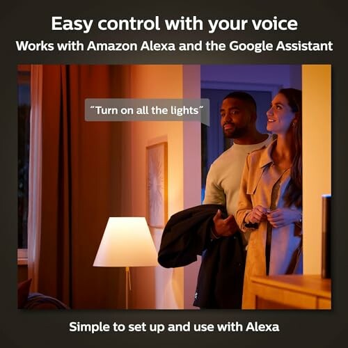 Couple using voice control for smart home lighting with Alexa and Google Assistant.