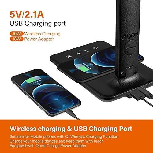 Wireless charging devices on a stand with USB port.