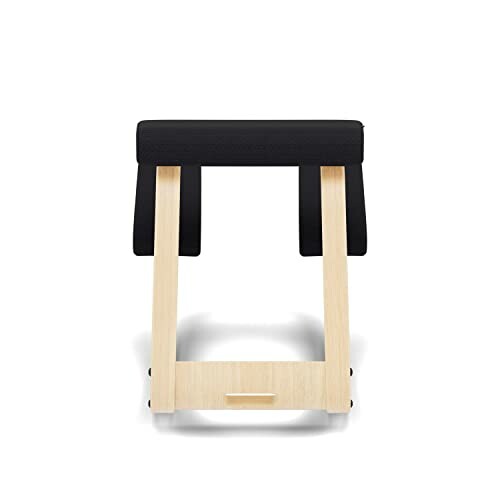 Wooden kneeling chair with black cushion.